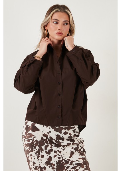 Pamuklu Oversize Önü Kısa Arkası Uzun Klasik Yaka Gömlek Bayan Gömlek 6834985 indirimleri