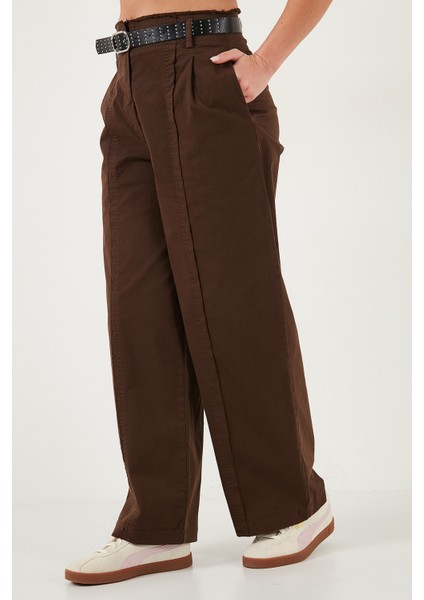 Pamuklu Relaxed Fit Geniş Paça Dikiş Detaylı Kemerli Pantolon Bayan Pantolon 68351208
