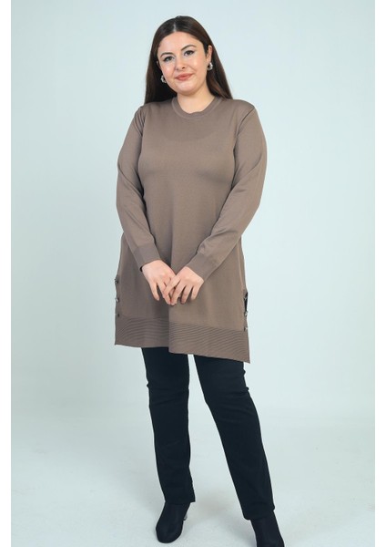 Kadın Yanları Düğme Detaylı Yırtmaçlı Büyük Beden Triko Tunik Bluz modelleri