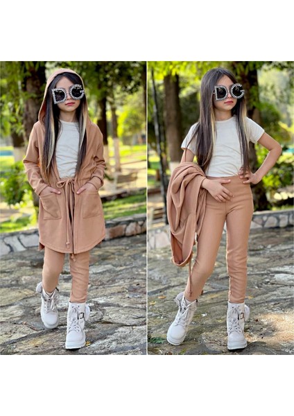 Kız Çocuk Kapşonlu Üst ve Tayt / Kısa Kol Badi