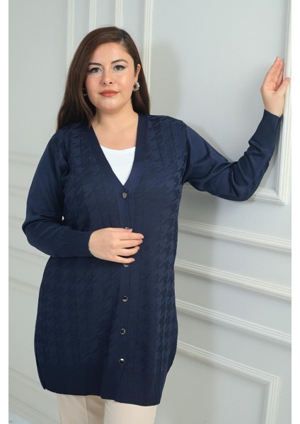 Kadın Büyük Kazayağı Desen Soğuk Iplik Büyük Beden Uzun Hırka