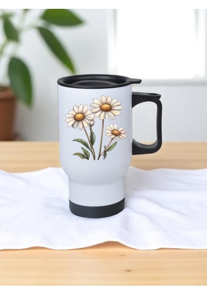 Papatya Demeti Baskılı Kulplu Çelik Bardak Termos 450 ml