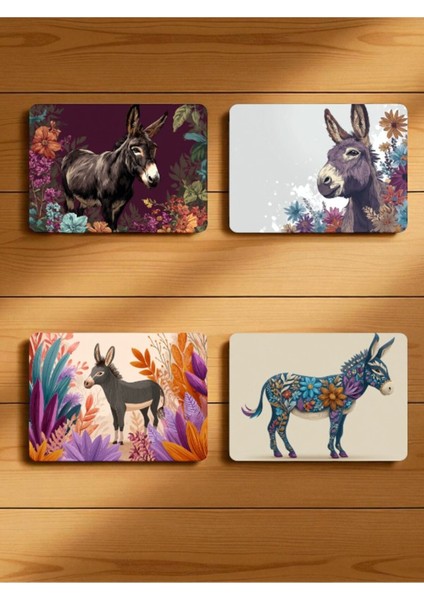 Eşek ve Çiçek Baskılı Mousepad 4'lü Mouse Pad Seti 17X21 cm