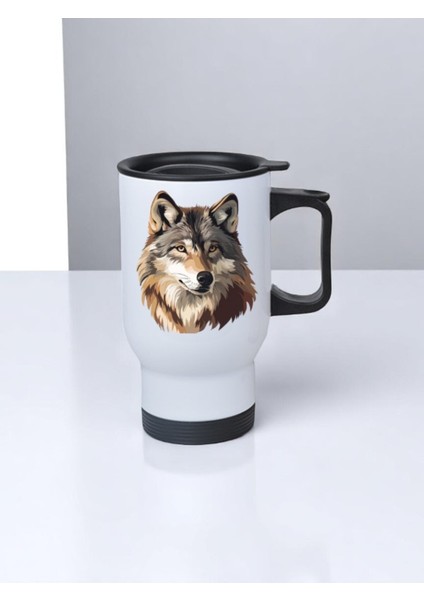 Karizmatik Kurt Baskılı Kulplu Çelik Bardak Termos 450 ml