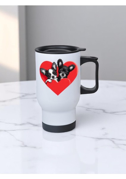 Kalp Içinde Köpekler Baskılı Kulplu Çelik Bardak Termos 450 ml