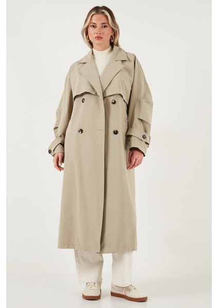 Pamuklu Oversize Kruvaze Yaka Düğmeli Uzun Trençkot Bayan Trençkot 6839605