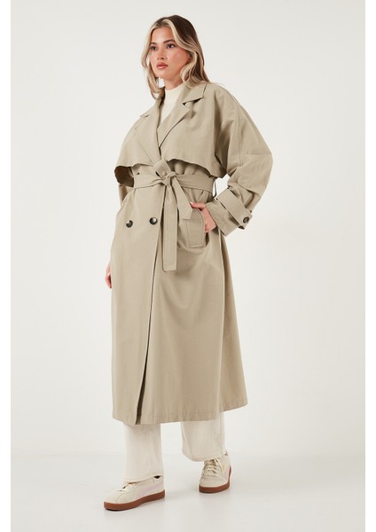 Pamuklu Oversize Kruvaze Yaka Düğmeli Uzun Trençkot Bayan Trençkot 6839605 fiyatları