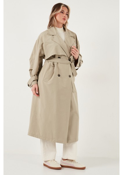 Pamuklu Oversize Kruvaze Yaka Düğmeli Uzun Trençkot Bayan Trençkot 6839605 fırsatları