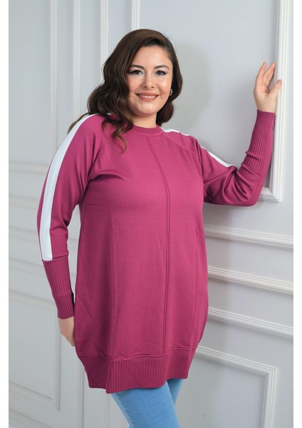 Kadın Kolları Şeritli Büyük Beden Tunik Bluz