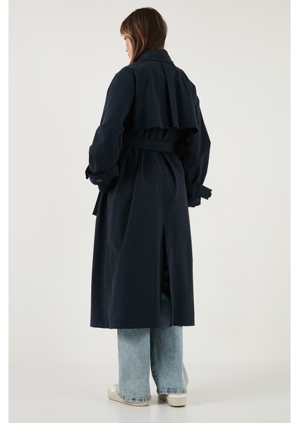 Pamuklu Oversize Kruvaze Yaka Düğmeli Uzun Trençkot Bayan Trençkot 6839605