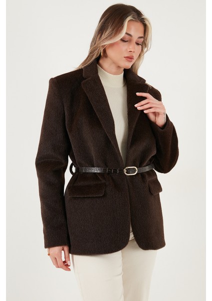 Regular Fit Astarlı Kemer Detaylı Peluş Dokulu Ceket Bayan Ceket 6839490