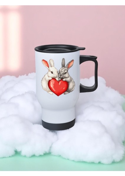 Kalpli Tavşan Kız Baskılı Kulplu Çelik Bardak Termos 450 ml