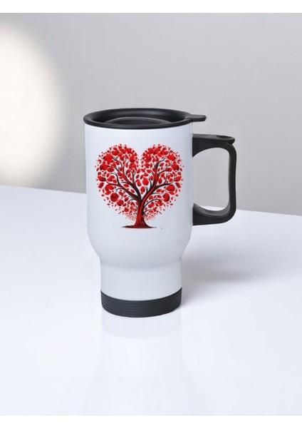 Kalpli Kırmızı Ağaç Baskılı Kulplu Çelik Bardak Termos 450 ml