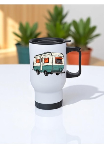 Karavan Çizimi Baskılı Kulplu Çelik Bardak Termos 450 ml