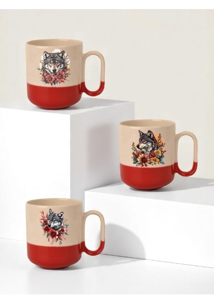Kurt ve Çiçek Baskılı Kırmızı Tabanlı 3'lü Seramik Kupa Bardak