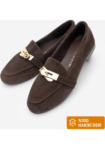 Kadın Loafer Acı Kahve Hakiki Deri Tokalı Makosen Günlük Ayakkabı Nador Kahve Süet