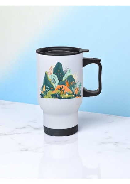 Doğa Çizimi Baskılı Kulplu Çelik Bardak Termos 450 ml