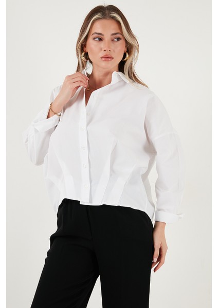 Pamuklu Oversize Önü Kısa Arkası Uzun Klasik Yaka Gömlek Bayan Gömlek 6834985