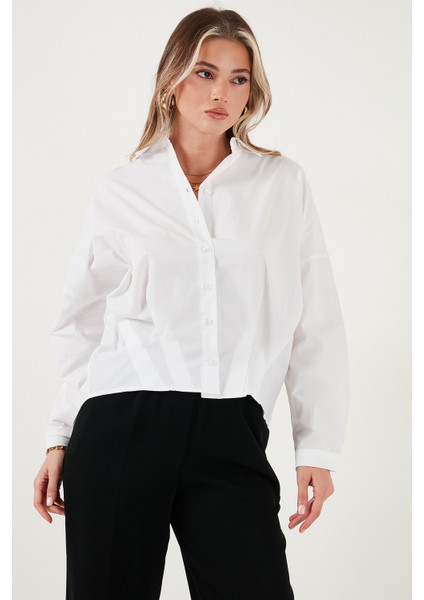 Pamuklu Oversize Önü Kısa Arkası Uzun Klasik Yaka Gömlek Bayan Gömlek 6834985 modelleri