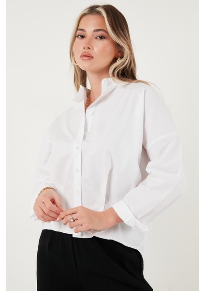 Pamuklu Oversize Önü Kısa Arkası Uzun Klasik Yaka Gömlek Bayan Gömlek 6834985 indirimleri