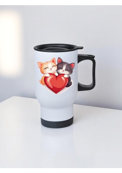 Kalpli Kedicikler Baskılı Kulplu Çelik Bardak Termos 450 ml