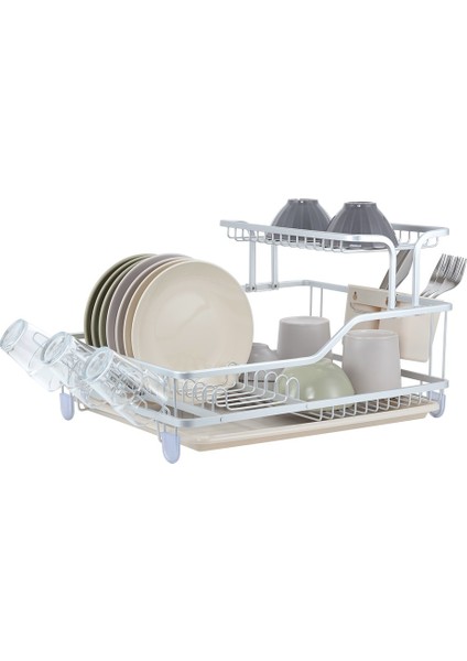 Afilli Alüminyum Bulaşıklık Paslanmaz 2 Katlı Bardak Tabak Kurutma Sepeti