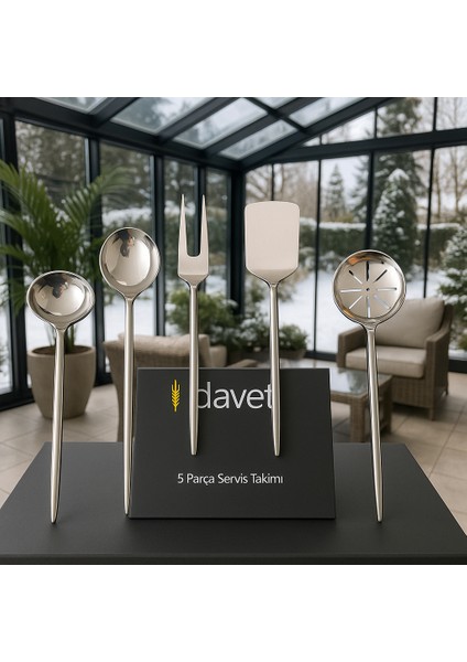 Paslanmaz Çelik 5 Parça Defne Servis Seti - 18/10 Paslanmaz Çelik (Spatula- Kaşık - Kevgir- Çatal - Kepçe)