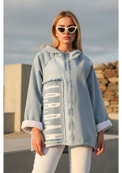 Kadın Mavi Uzun Kollu Kapüşonlu Içi Peluşlu Fermuarlı Oversize Jean Ceket – Kadın Mont