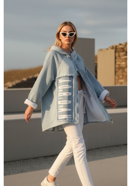 Kadın Mavi Uzun Kollu Kapüşonlu Içi Peluşlu Fermuarlı Oversize Jean Ceket – Kadın Mont fiyatları