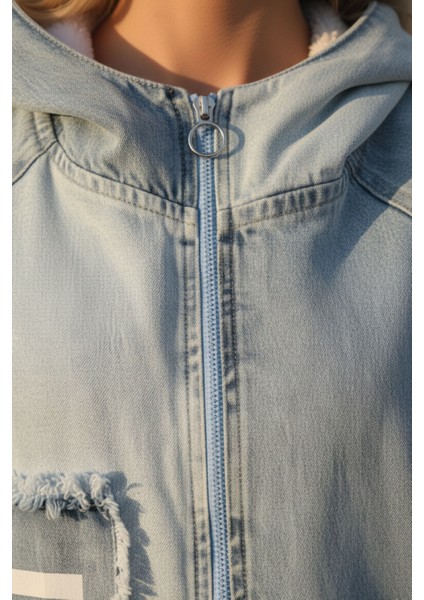 Kadın Mavi Uzun Kollu Kapüşonlu Içi Peluşlu Fermuarlı Oversize Jean Ceket – Kadın Mont modelleri