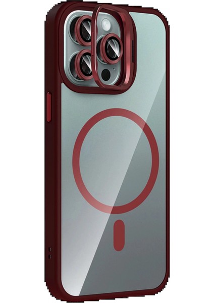 Apple iPhone 15 Pro Max Remim Lensli Magsafe Standlı Kapak - Bordo fiyatları