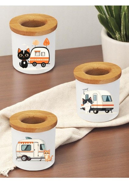 Kedi ve Karavan Baskılı Ahşap Kapaklı 3'lü Masaüstü Seramik Kalemlik Kalem Kutusu