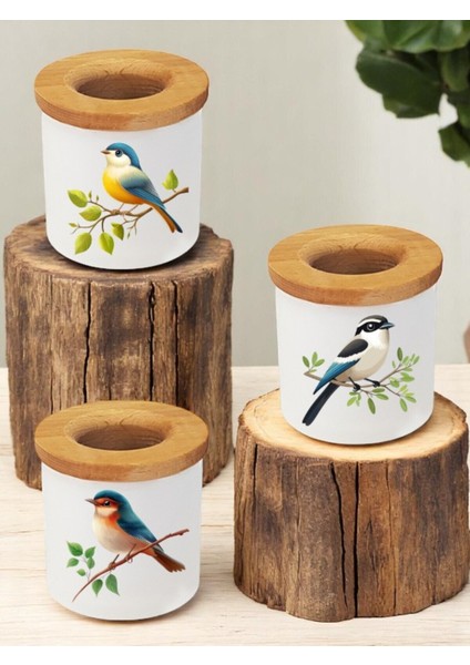 Kuş Baskılı Ahşap Kapaklı 3'lü Masaüstü Seramik Kalemlik Kalem Kutusu