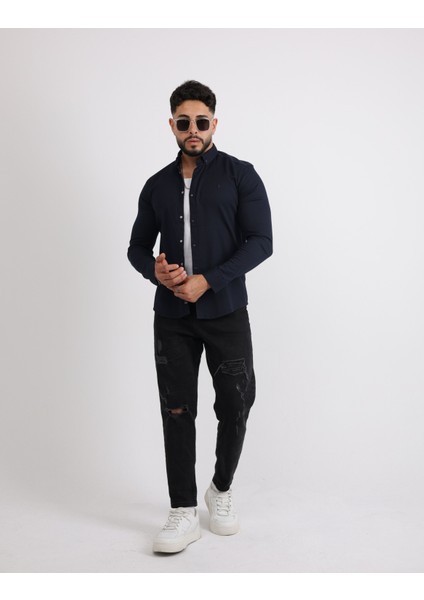 Modern Slim Fit Casual Likralı Pamuklu Armürlü Erkek Gömlek