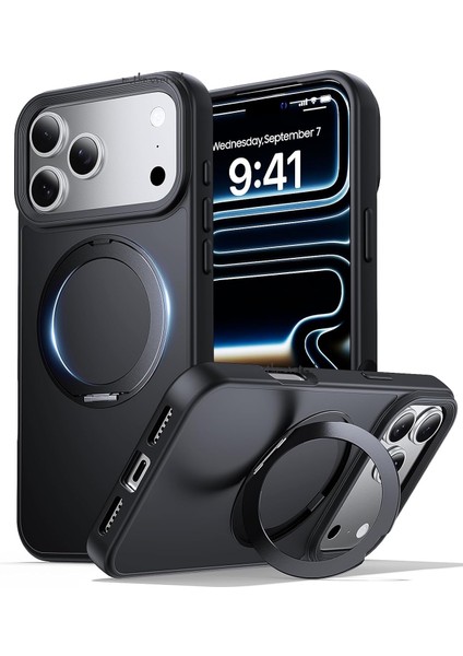 Apple iPhone 17 Pro Max Kılıf Magsafe Halkalı 360 Dönebilen Yüzüklü Standlı Armour Mat Mıknatıslı Kapak