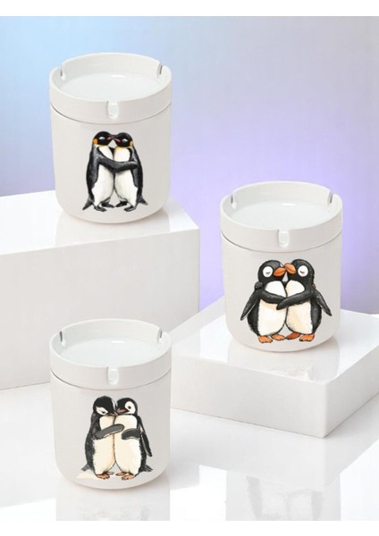 Penguen Baskılı 3'lü Seramik Küllük Kül Tablası - Küllük Modelleri, Küllükler, Kokusuz Küllük