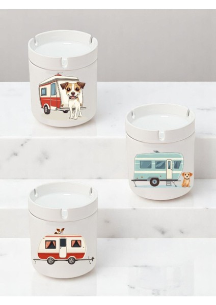 Köpek ve Karavan Baskılı 3'lü Seramik Küllük Kül Tablası - Erkek Kadın Için Doğum Günü Hediyesi