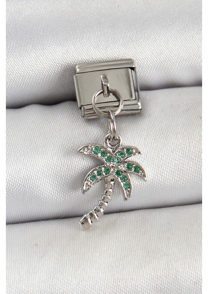 316L Çelik Sallantılı Zirkon Taşlı Palmiye Ağacı Model Gümüş Renk Nomination Charm