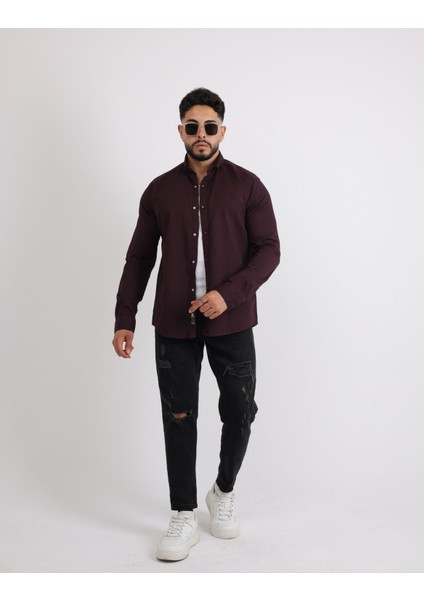 Modern Slim Fit Casual Likralı Pamuklu Armürlü Erkek Gömlek
