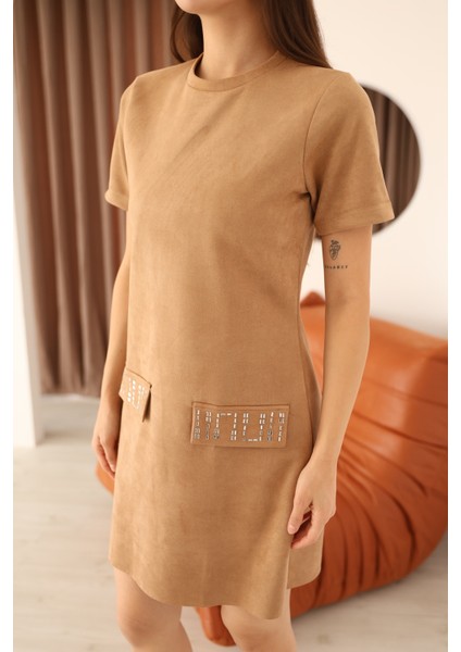 Vizon Süet Bisiklet Yaka Cepleri Taş Işlemeli Diz Üstü Kadın Elbise modelleri