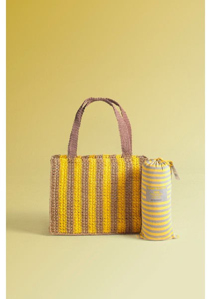 Marla Amber, Kağıt Ip (Rafia), El Örgüsü, Cabana Desenli, Plaj Çantası.