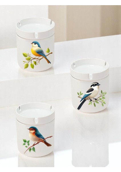 Kuş Baskılı 3'lü Seramik Küllük Kül Tablası - Erkek Kadın Için Doğum Günü Hediyesi Hediyelik