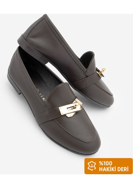 Kadın Loafer Hakiki Deri Tokalı Makosen Günlük Ayakkabı Nador Kahve