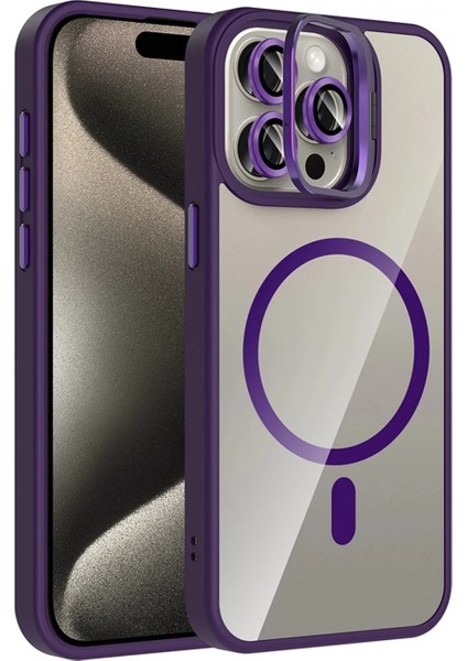 Apple iPhone 15 Pro Max Remim Lensli Magsafe Standlı Kapak - Derin Mor
