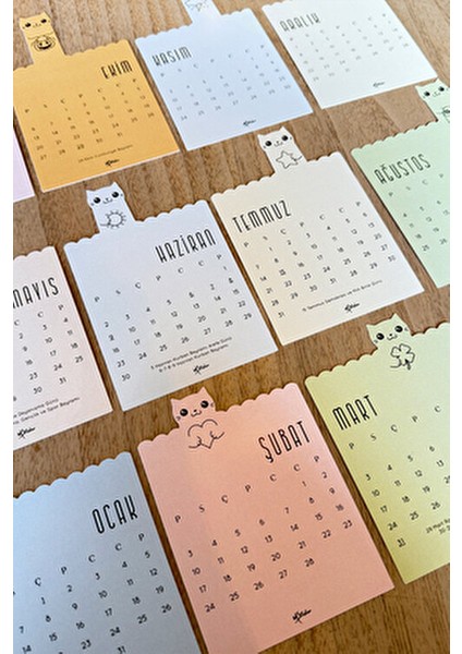 Ahşap Ayaklı Mini Tasarım Takvim 2025 Sevimli Kedili 12 Adet Renkli