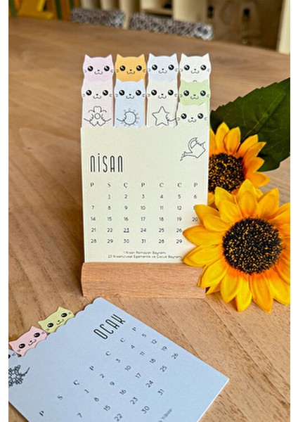 Ahşap Ayaklı Mini Tasarım Takvim 2025 Sevimli Kedili 12 Adet Renkli