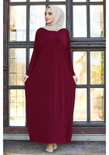 Neva Style - Yarasa Kol Bordo Tesettür Ferace 17801BR