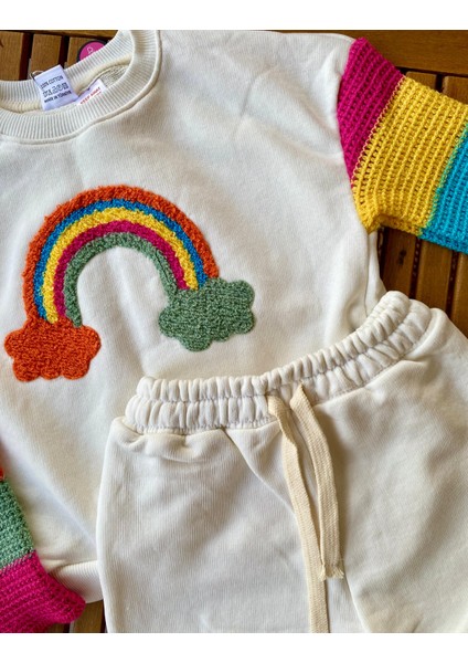 Kız Çocuk Gökkuşağı Punch Işlemeli Beli Lastikli Bağcıklı Pamuklu Kumaş Alt Üst Ikili Takım