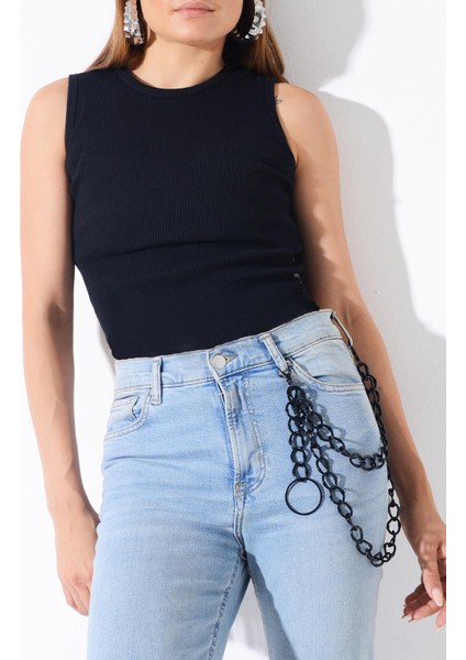 Pınkmark Kadın Siyah Çift Zincirli Halkalı Alüminyum Pantolon Zinciri Aksesuar PMKM25666 fırsatları