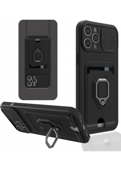 iPhone 12 Pro Kılıf Zuma Kartvizitli Yüzüklü Silikon - Siyah